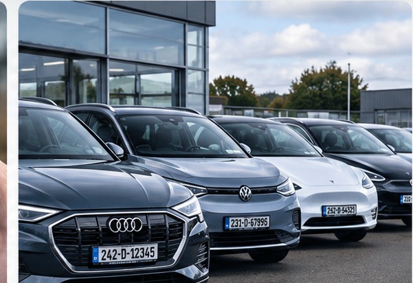 Independent EV dealership forecourt with used electric vehicles including Audi and Volkswagen models