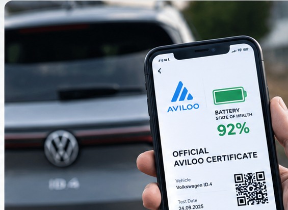 AVILOO battery certificate shown on a phone beside a used electric vehicle